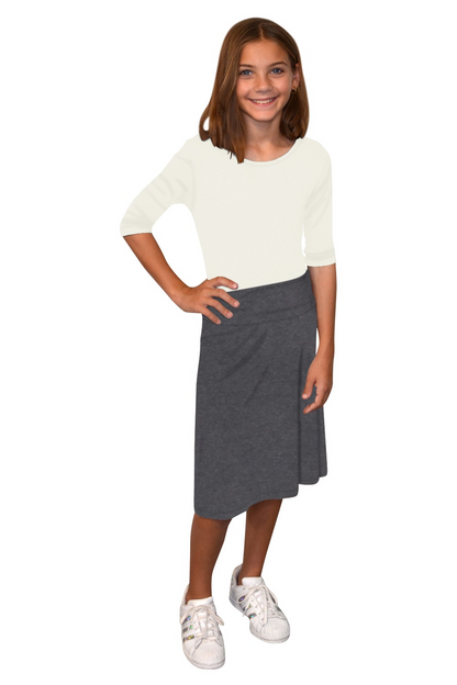 Girls A-Line Midi Skirt with Adjustable Fold-Over Waist by Kosher Casual USA