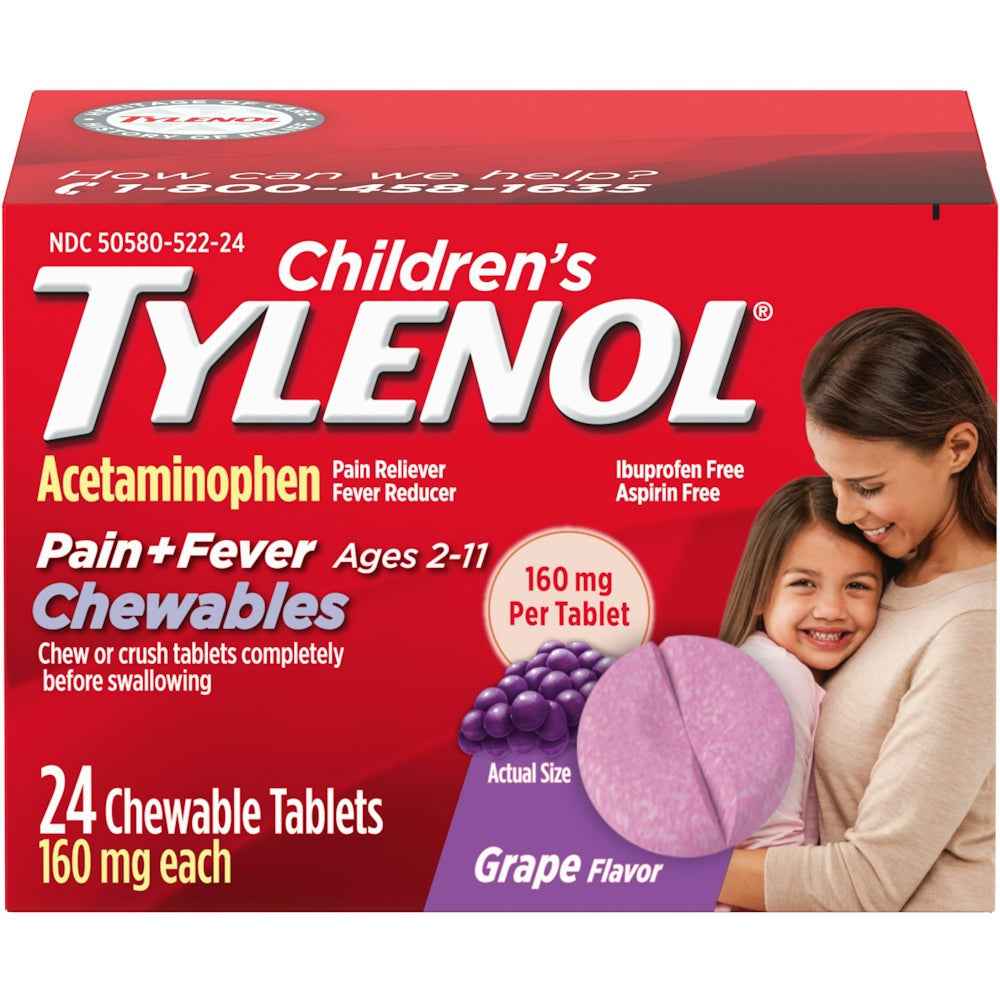 Children’s Tylenol® Chewable Tablets – Pain &amp; Fever Relief (160 mg, Grape Flavor)
