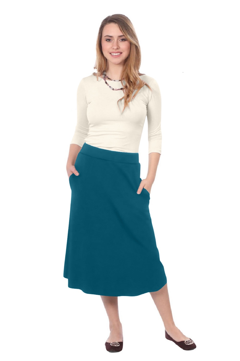 The Perfect A-Line Midi Skirt with Pockets by Kosher Casual USA