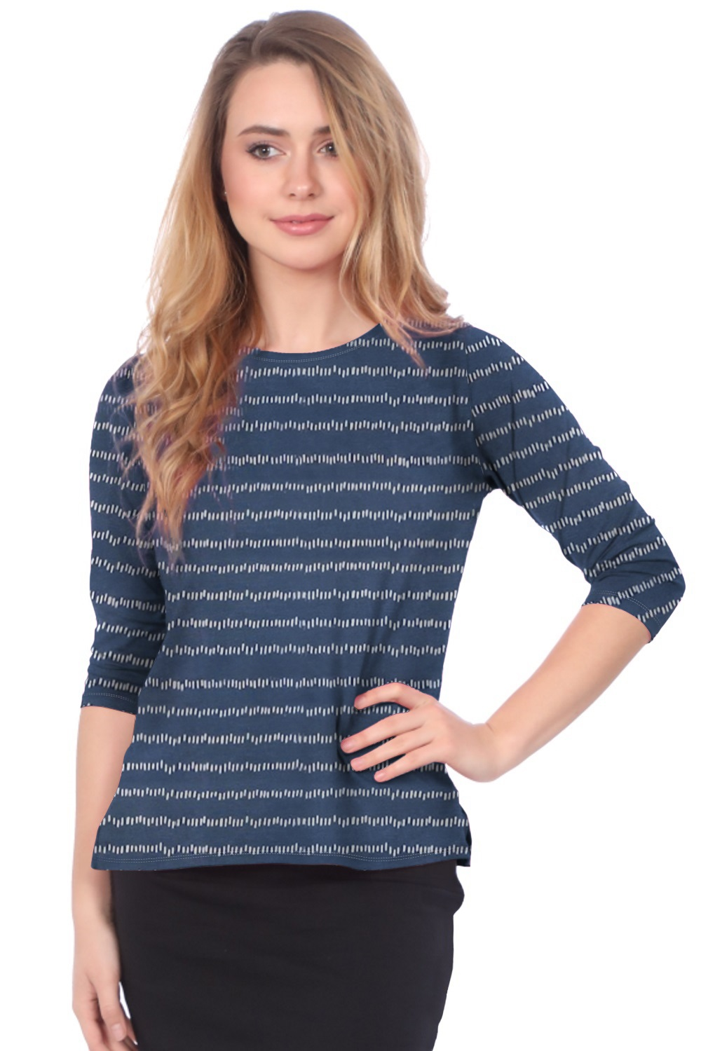 Fun Print Cotton Spandex 3/4 Sleeve T-Shirt with Side Slits by Kosher Casual USA