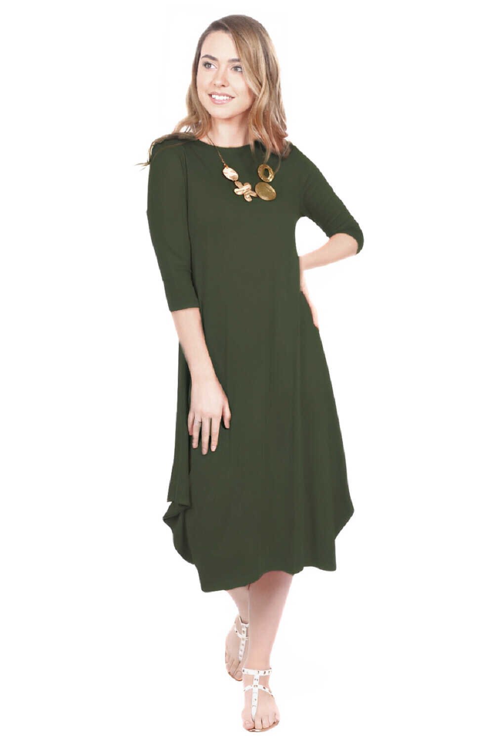Flowing Midi Dress with 3/4 Sleeves and Dramatic Drape by Kosher Casual USA