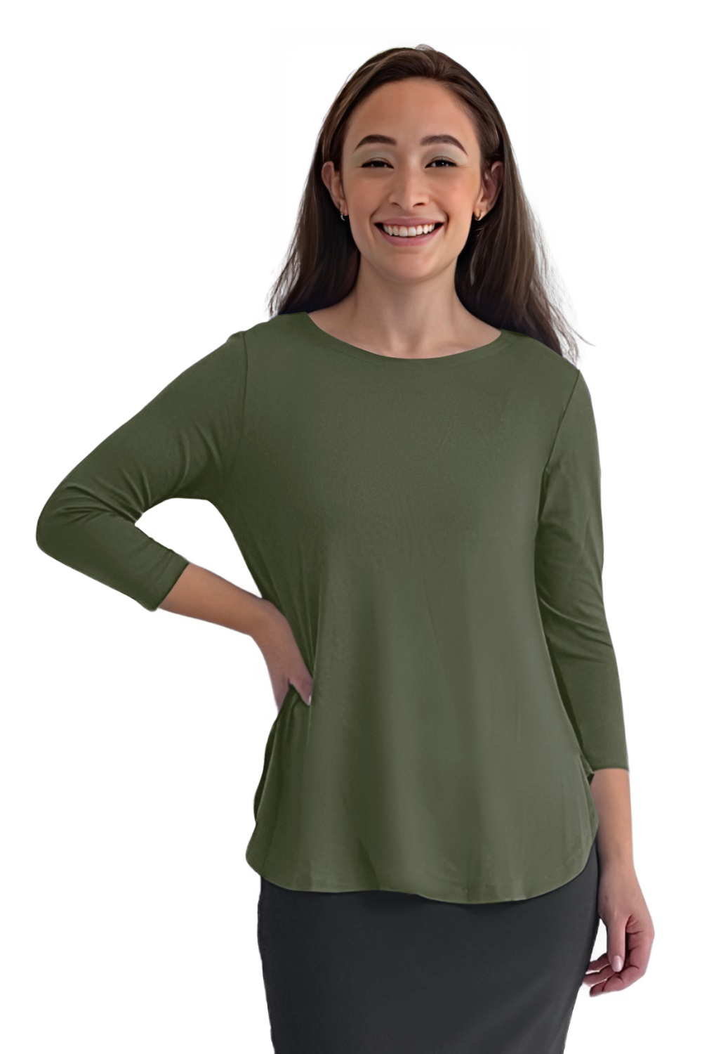Curved Side Hem Tunic with 3/4 Sleeves and Modest Crew Neckline by Kosher Casual USA