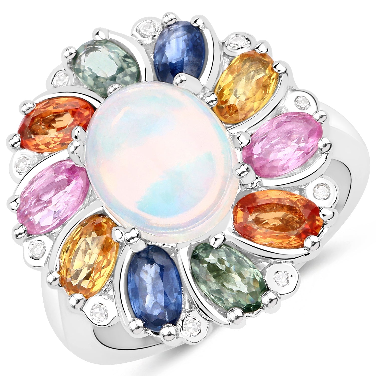 3.92 Carat Genuine Ethiopian Opal, Multi Sapphire and White Diamond .925 Sterling Silver Ring by Bids.com