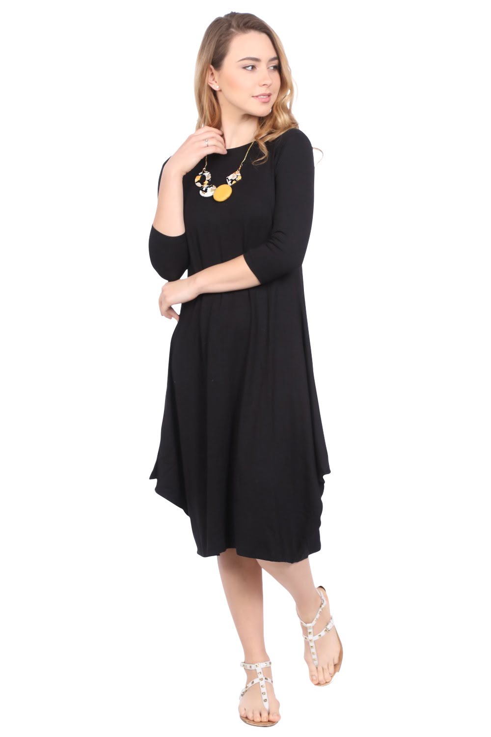 Flowing Midi Dress with 3/4 Sleeves and Dramatic Drape by Kosher Casual USA