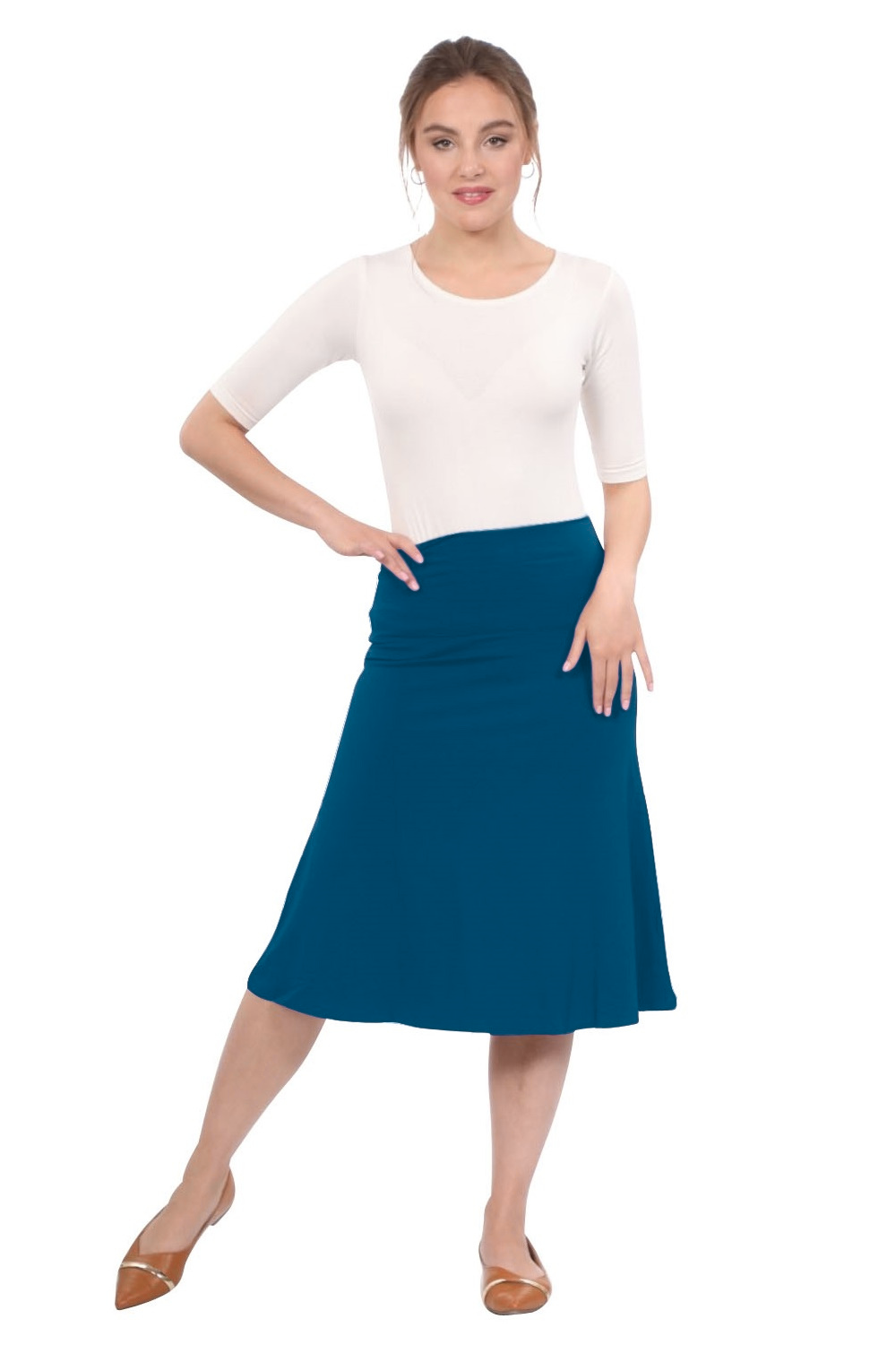 Sleek A-Line Adjustable Waist Midi Skirt with Fold-Over Waistband by Kosher Casual USA