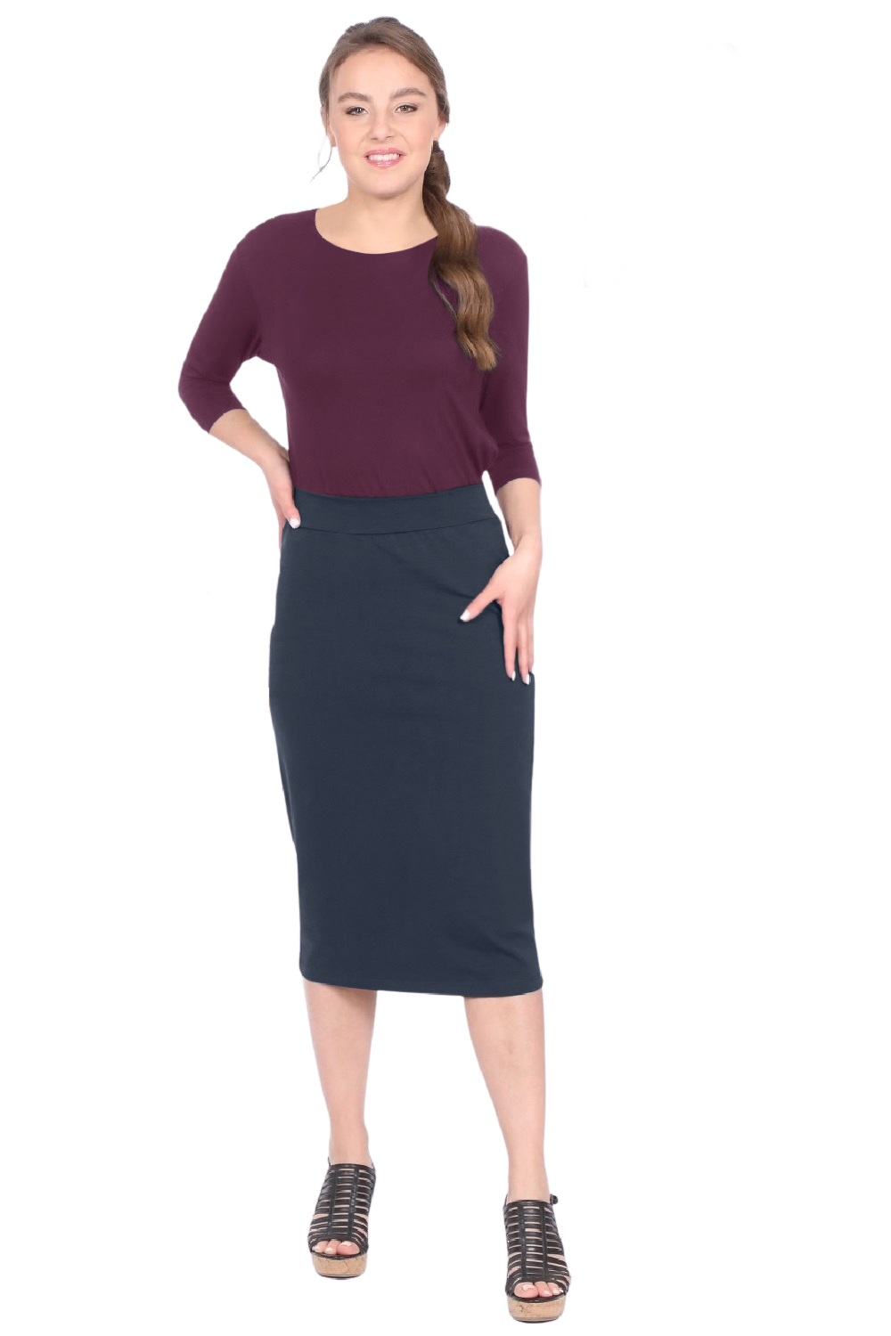 Mid-Calf Pencil Skirt in Cotton Spandex – No Slits by Kosher Casual USA