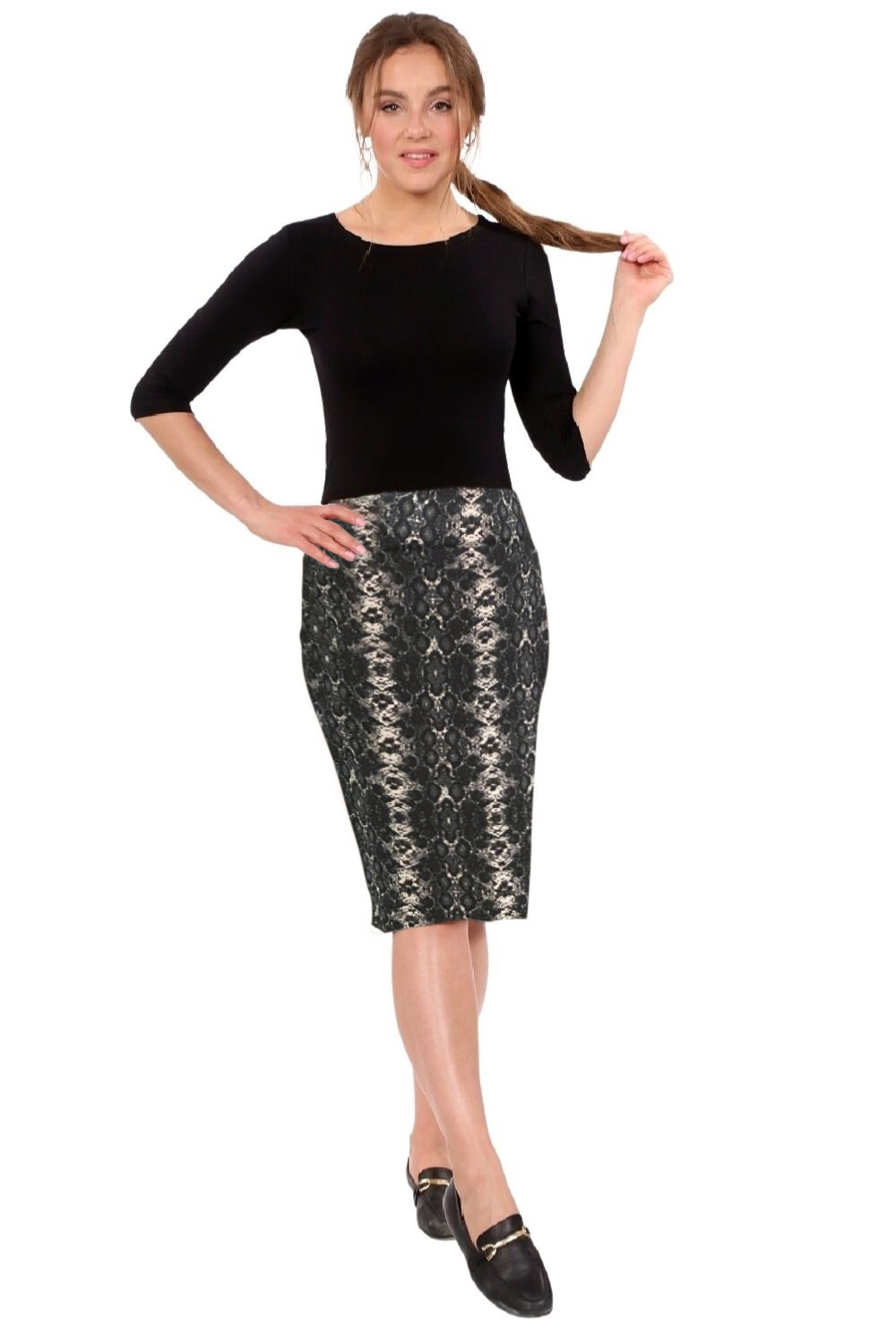 Modest Stretch Knee Length Pencil Skirt in Cotton Spandex by Kosher Casual USA