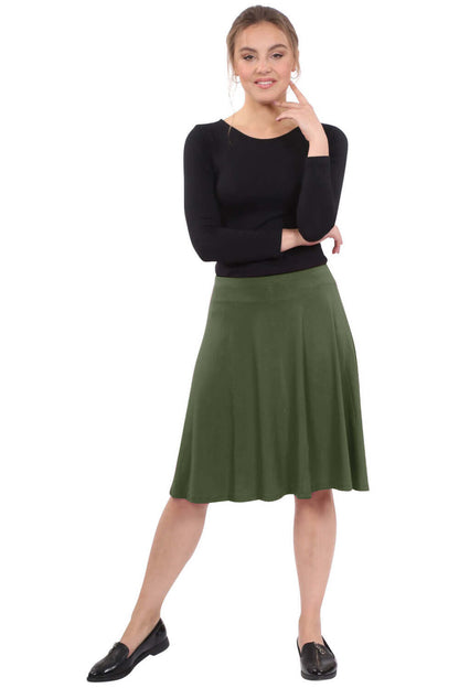 Knee Length A-Line Skater Skirt with Full Elastic Waist by Kosher Casual USA