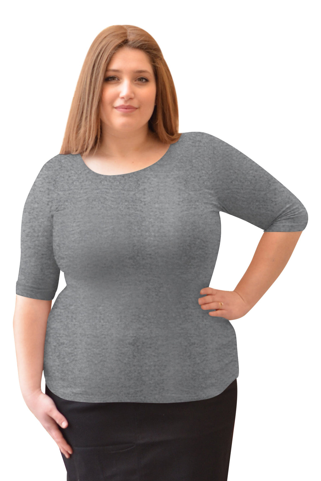 Plus Size Fitted Layering Shell - Modest Round Neck with Elbow Sleeves by Kosher Casual USA