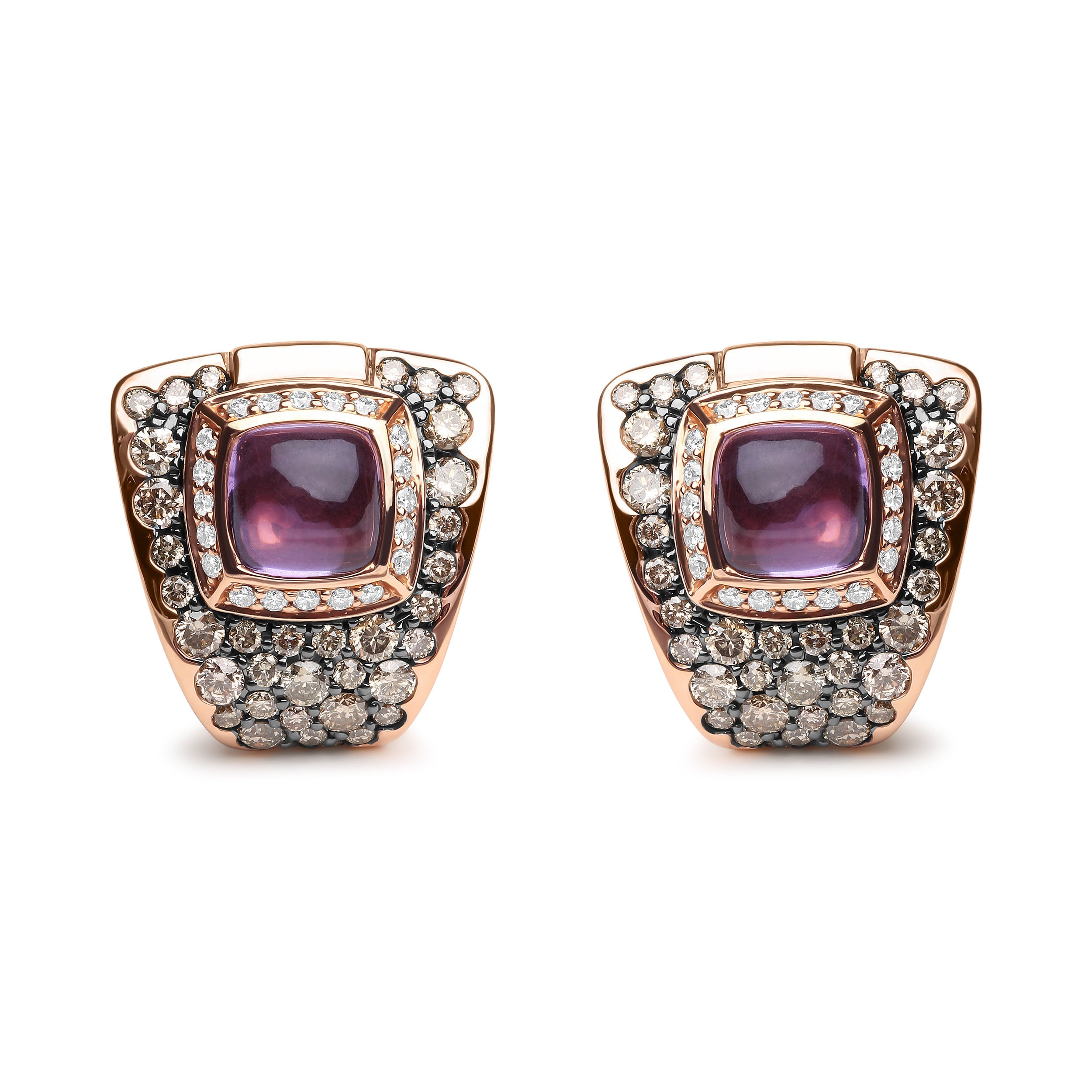 18K Rose Gold 1 1/2 Cttw Round Diamond and 7mm Cushion Cut Purple Amethyst Gemstone Geometrical Statement Stud Earrings (Brown and G-H Color, SI1-SI2 Clarity) by Bids.com