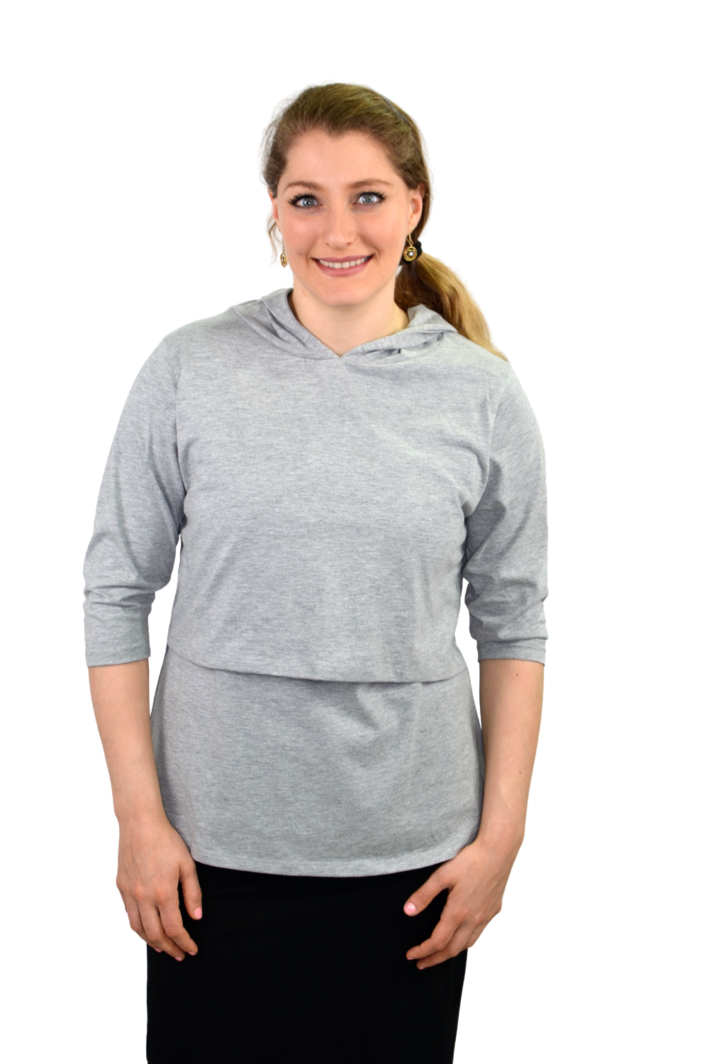 3/4 Sleeve Cotton Nursing Hoodie - Comfortable Double-Layer Tunic Top by Kosher Casual USA