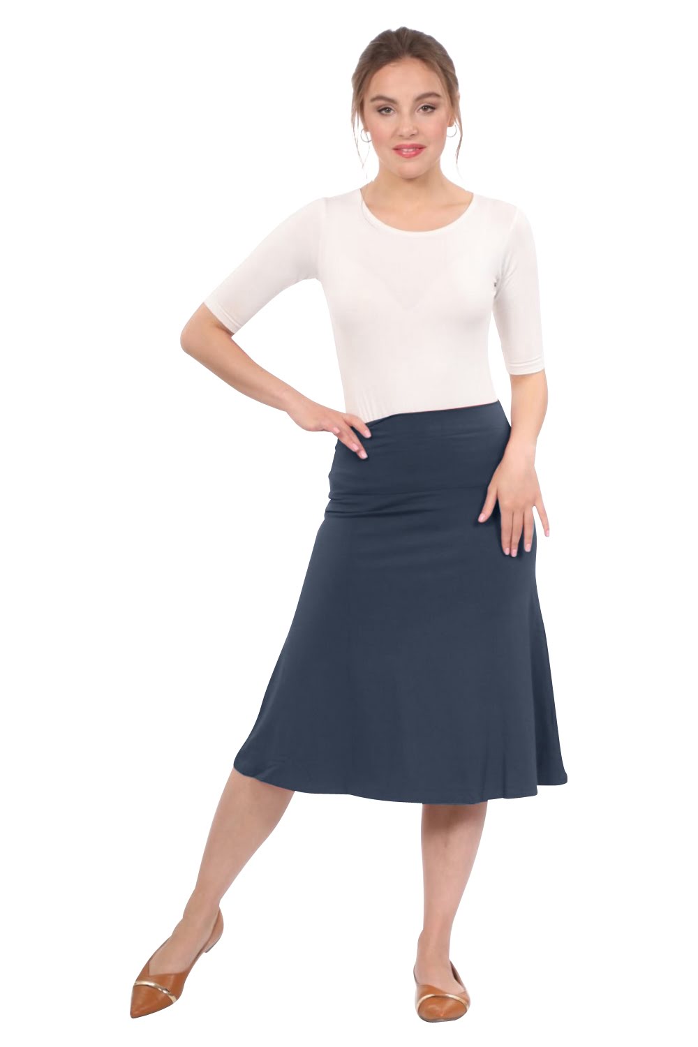Sleek A-Line Adjustable Waist Midi Skirt with Fold-Over Waistband by Kosher Casual USA