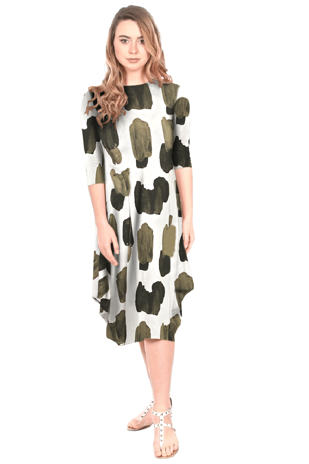 Flowing Midi Dress with 3/4 Sleeves and Dramatic Drape by Kosher Casual USA