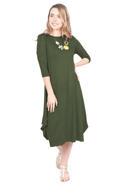 Flowing Midi Dress with 3/4 Sleeves and Dramatic Drape by Kosher Casual USA