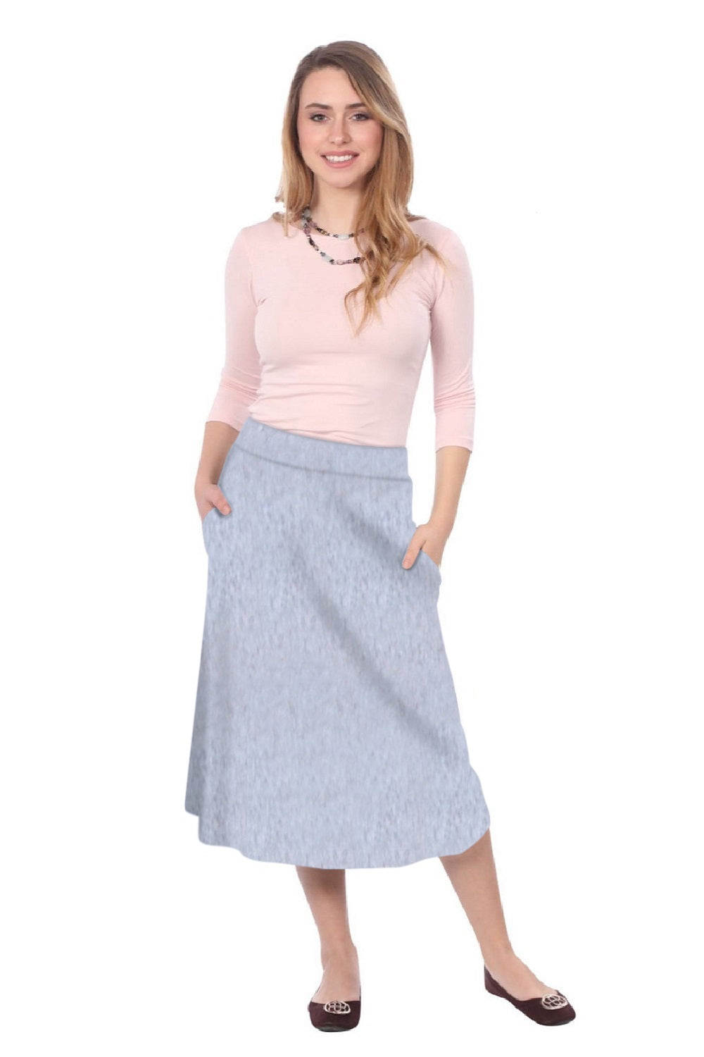 The Perfect A-Line Midi Skirt with Pockets by Kosher Casual USA