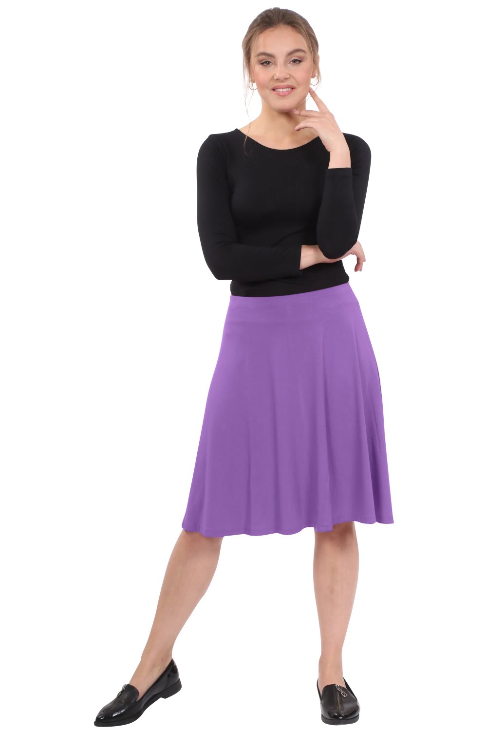 Knee Length A-Line Skater Skirt with Full Elastic Waist by Kosher Casual USA