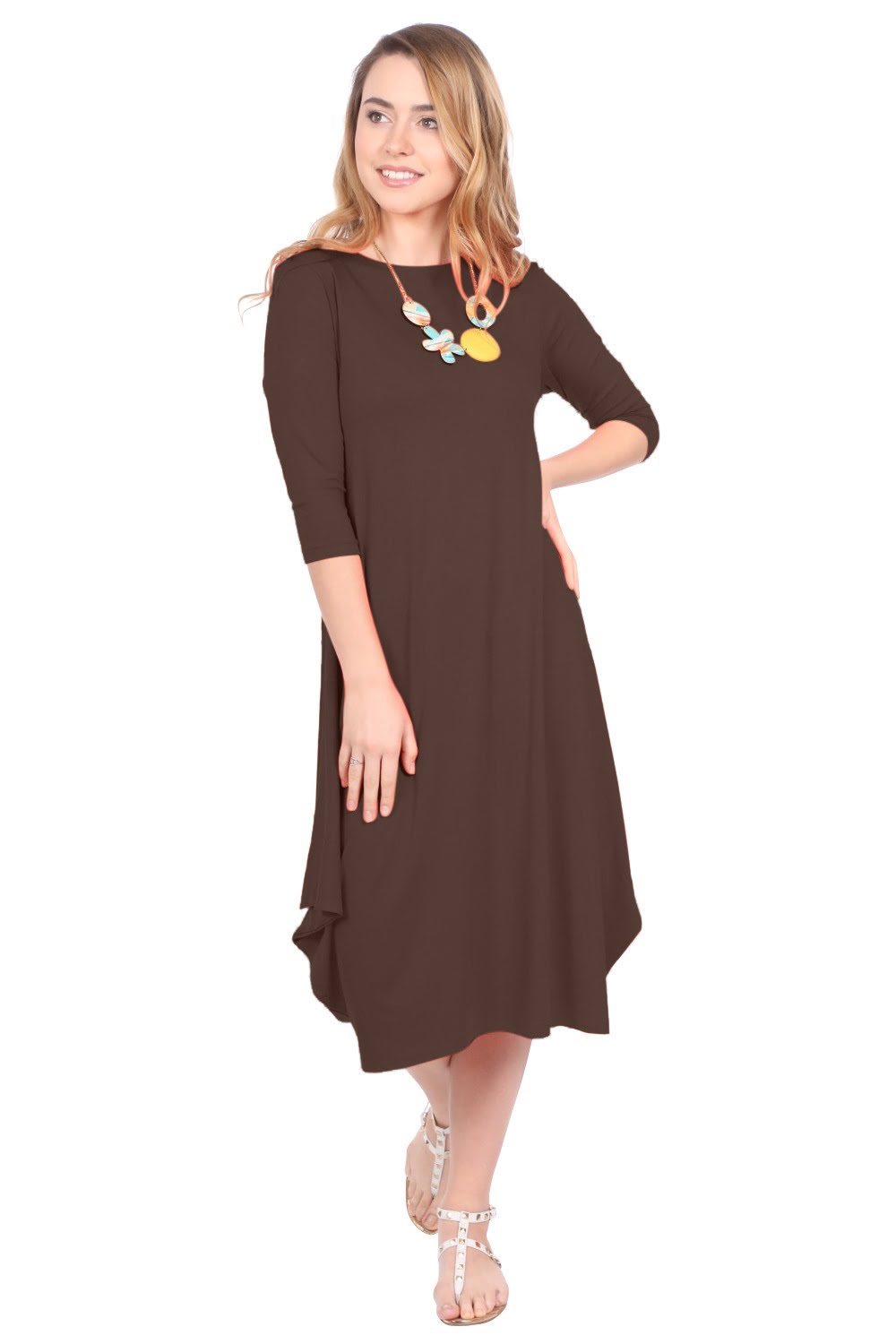 Flowing Midi Dress with 3/4 Sleeves and Dramatic Drape by Kosher Casual USA