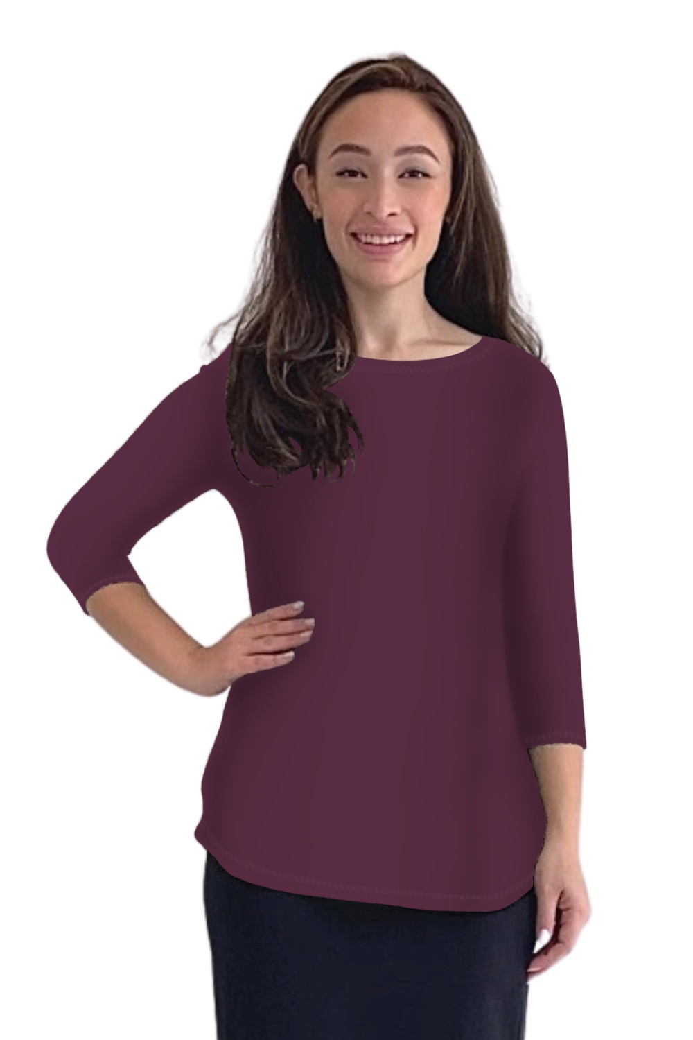 Curved Side Hem Tunic with 3/4 Sleeves and Modest Crew Neckline by Kosher Casual USA