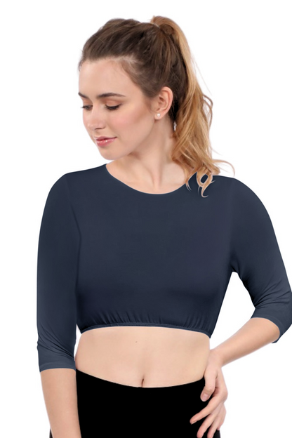 Modest Neck Cropped Layering - Cotton Spandex 3/4 Sleeve Shell Top by Kosher Casual USA