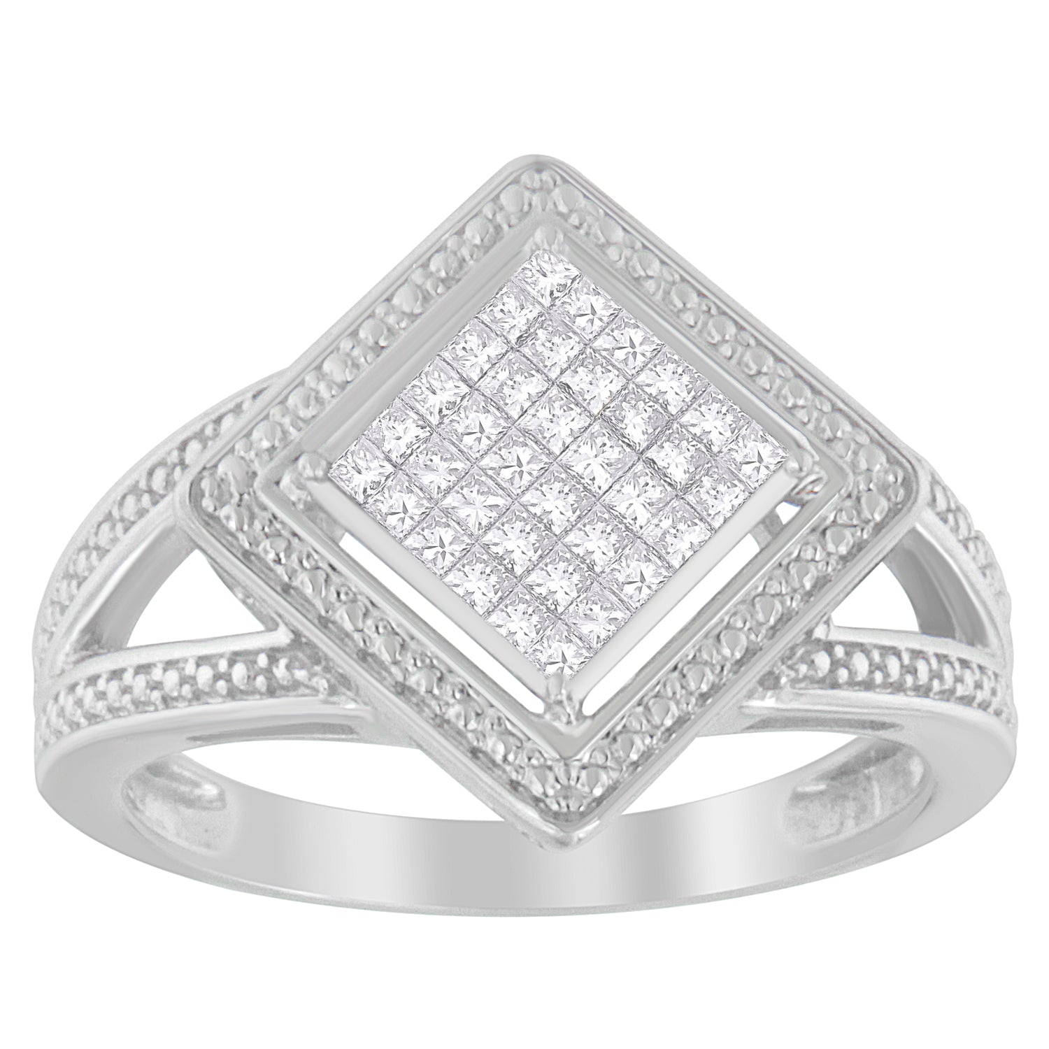 .925 Sterling Silver 1/3 Cttw Invisible Set Princess-Cut Diamond Rhombus and Beaded Halo Ring (H-I Color, SI1-SI2 Clarity) - Ring Size 7 by Bids.com