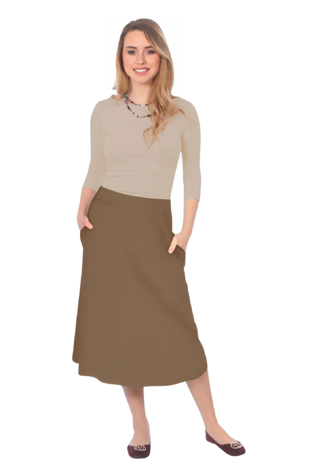 The Perfect A-Line Midi Skirt with Pockets by Kosher Casual USA