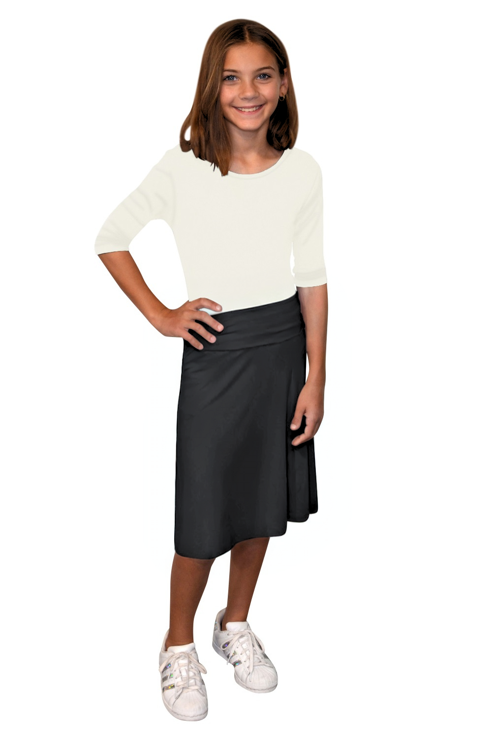 Girls A-Line Midi Skirt with Adjustable Fold-Over Waist by Kosher Casual USA