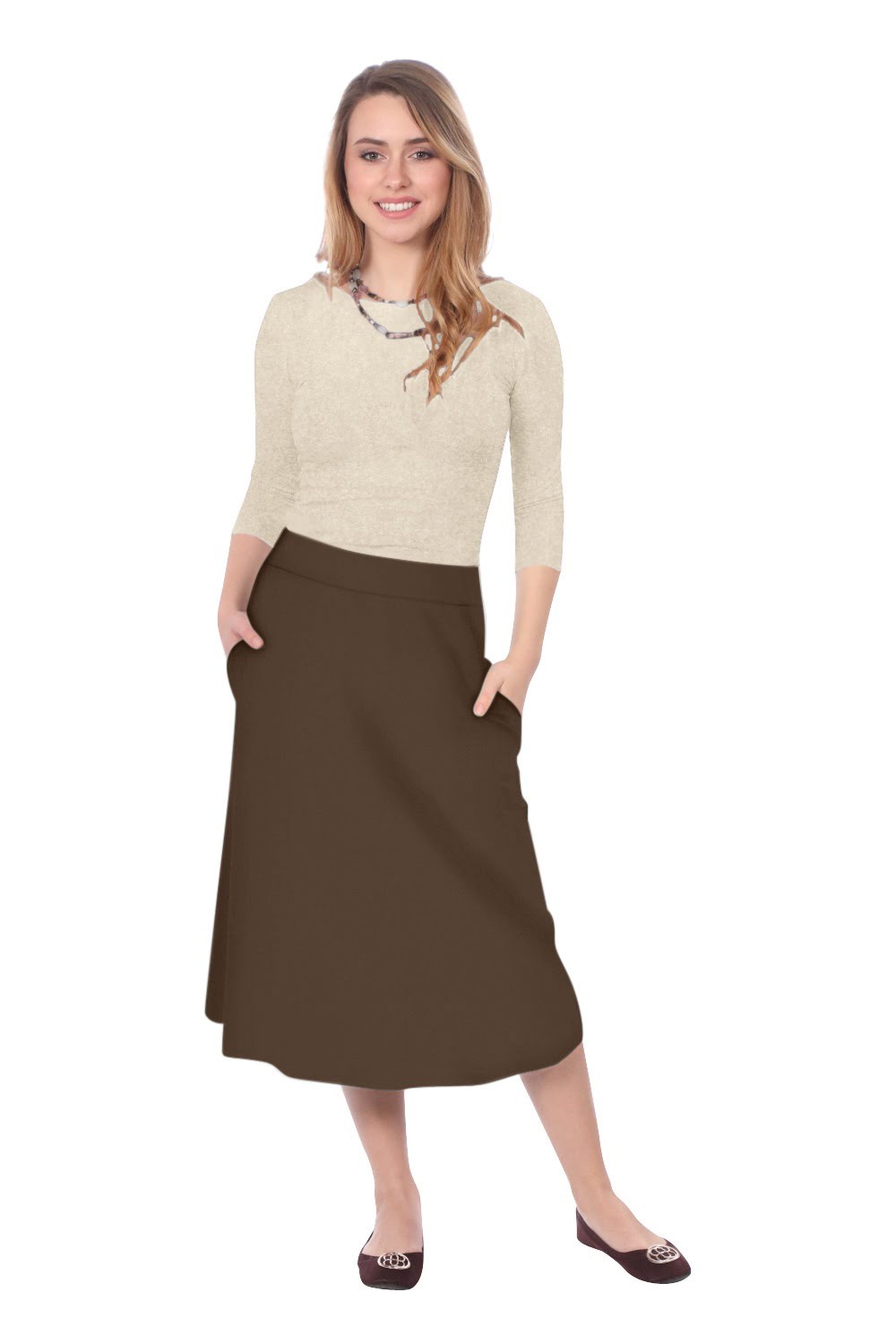 The Perfect A-Line Midi Skirt with Pockets by Kosher Casual USA