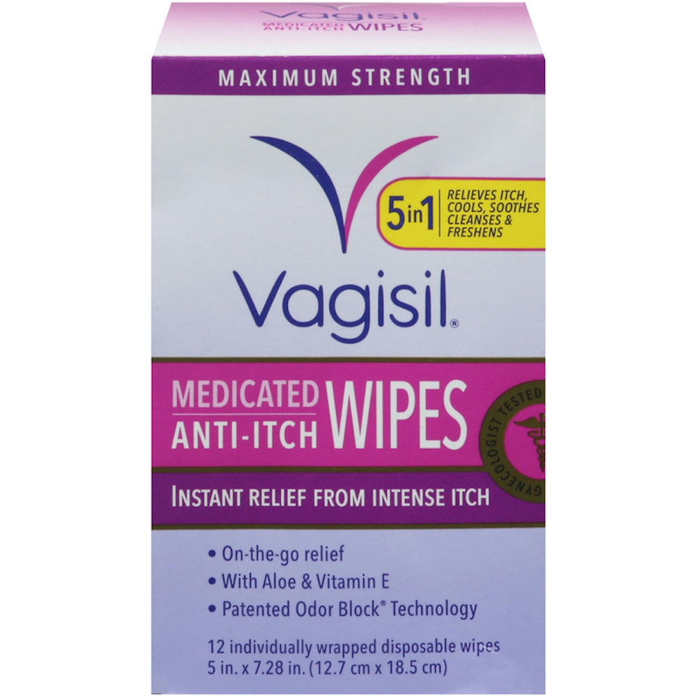 Vagisil Maximum Strength Anti-Itch Medicated Wipes, 12 Individually Wrapped Wipes by Pasteur Pharmacy