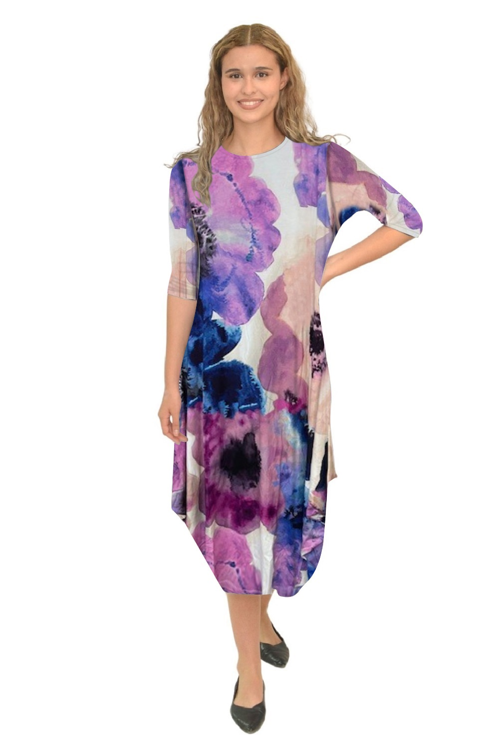 Flowing Midi Dress with 3/4 Sleeves and Dramatic Drape by Kosher Casual USA