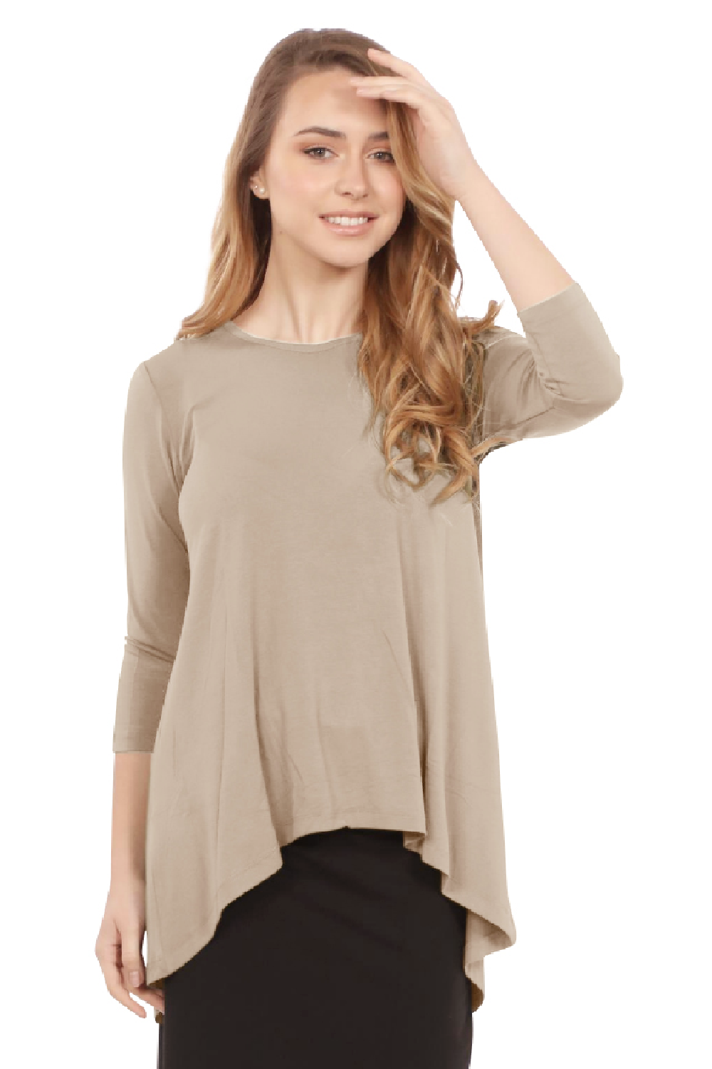 Hi-Lo Flowing 3/4 Sleeve Modest Tunic Top by Kosher Casual USA
