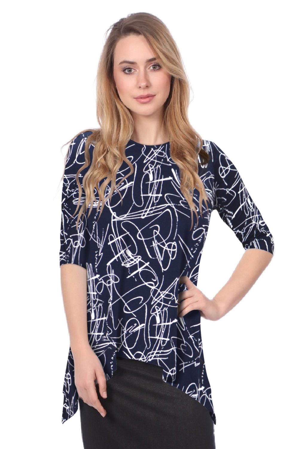 Modest Handkerchief Tunic Top - 3/4 Sleeve Comfort Flow Design by Kosher Casual USA
