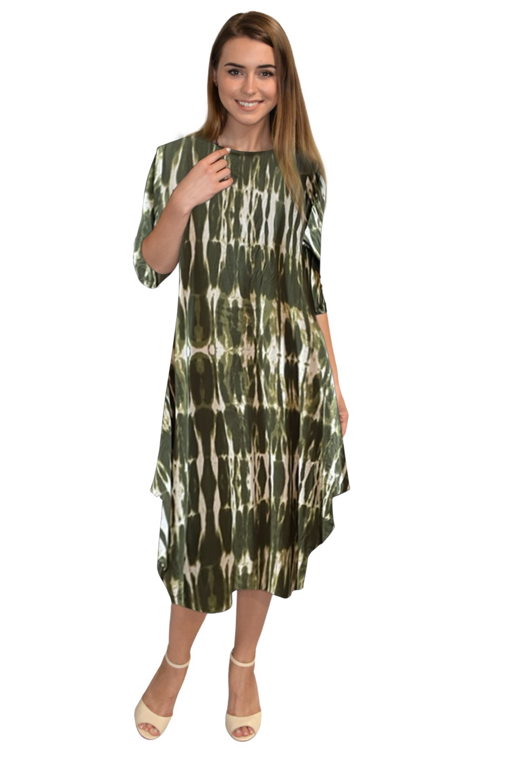 Flowing Midi Dress with 3/4 Sleeves and Dramatic Drape by Kosher Casual USA