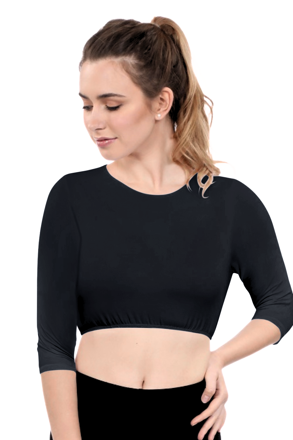 Modest Neck Cropped Layering - Cotton Spandex 3/4 Sleeve Shell Top by Kosher Casual USA