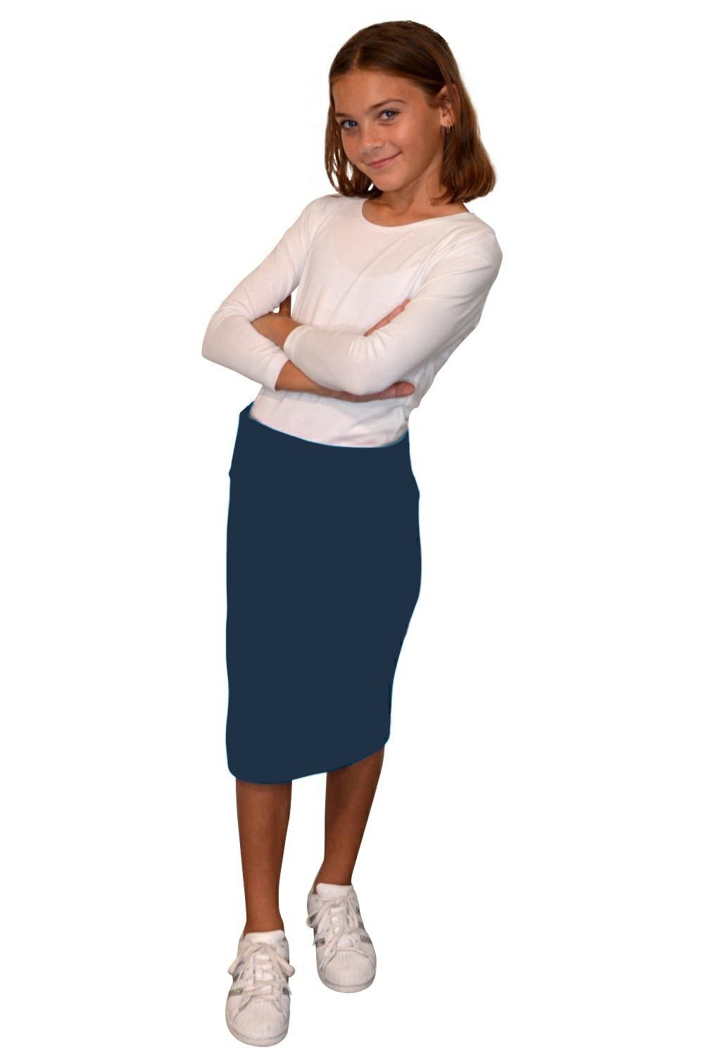 Girls Stretch Knee Length Pencil Skirt in Cotton Spandex by Kosher Casual USA