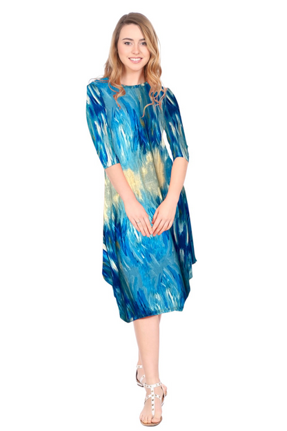 Flowing Midi Dress with 3/4 Sleeves and Dramatic Drape by Kosher Casual USA