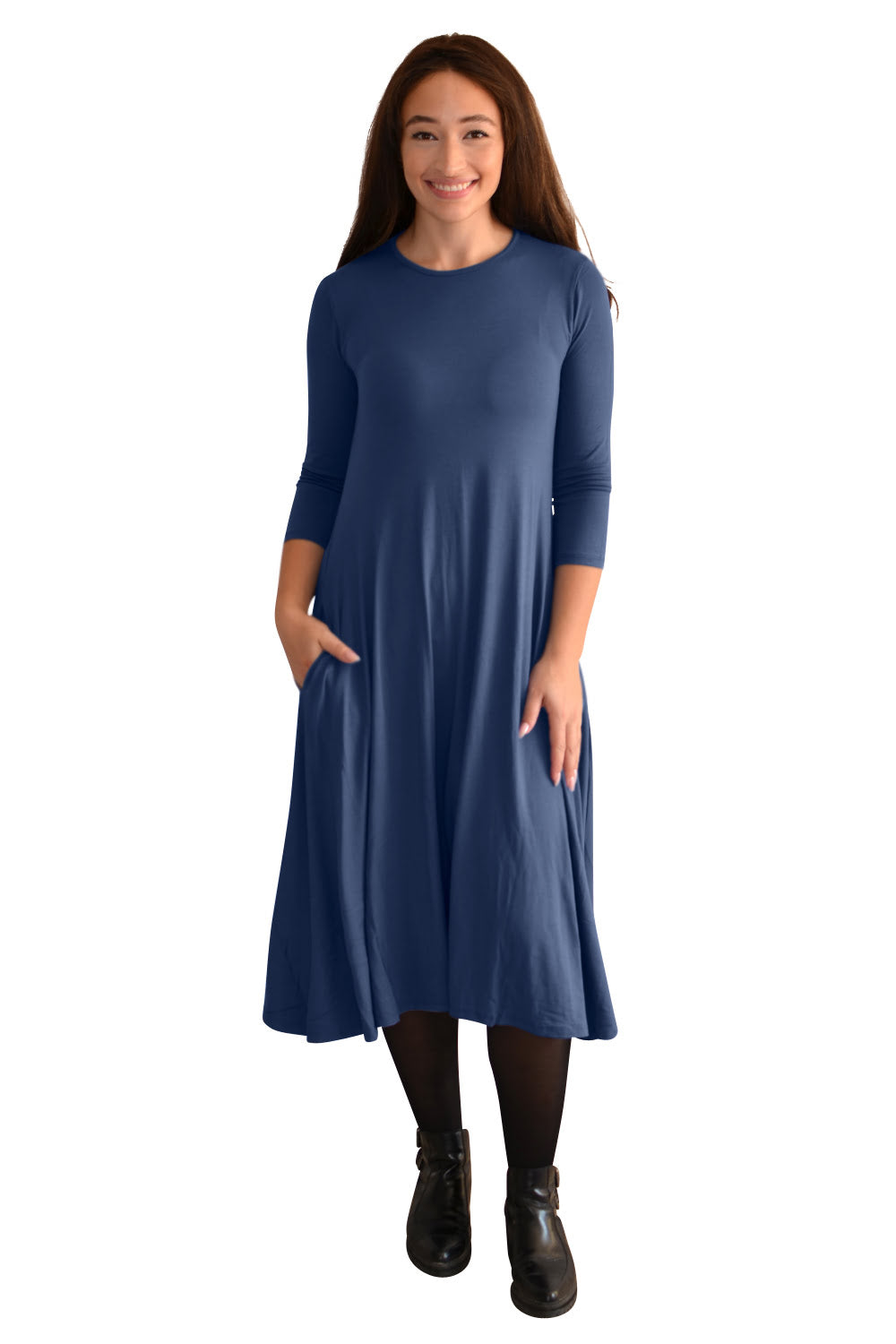 Mid-Calf 3/4 Sleeve Swing Dress with Pockets by Kosher Casual USA