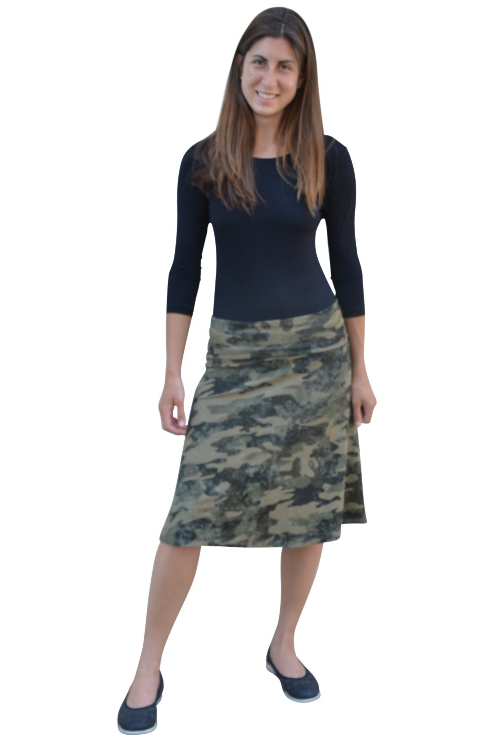 Sleek A-Line Adjustable Waist Midi Skirt with Fold-Over Waistband by Kosher Casual USA