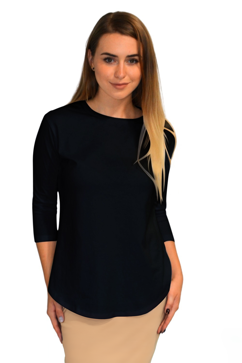 Modest Cotton Tunic with Three-Quarter Sleeves and Extended Back Coverage by Kosher Casual USA