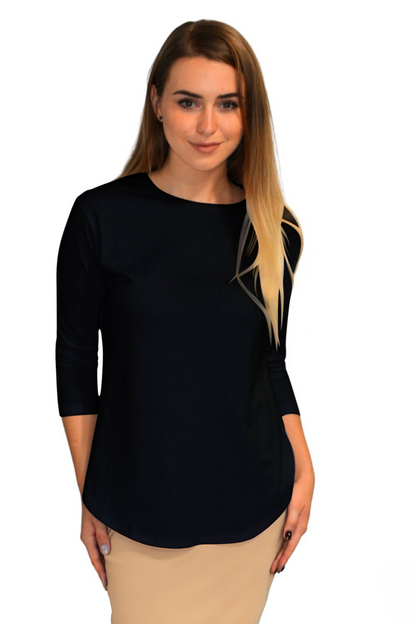 Modest Cotton Tunic with Three-Quarter Sleeves and Extended Back Coverage by Kosher Casual USA