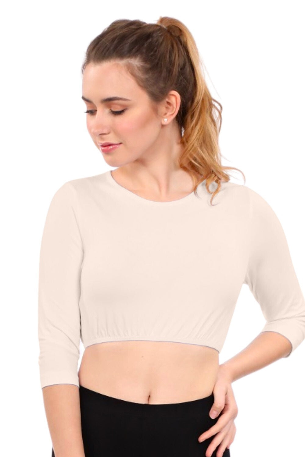 Modest Neck Cropped Layering - Cotton Spandex 3/4 Sleeve Shell Top by Kosher Casual USA