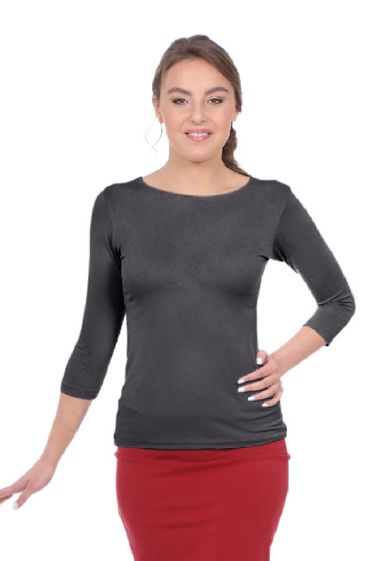 Fitted 3/4 Sleeve Layering Shell - High Round Neckline Slim-Fit Undershirt by Kosher Casual USA
