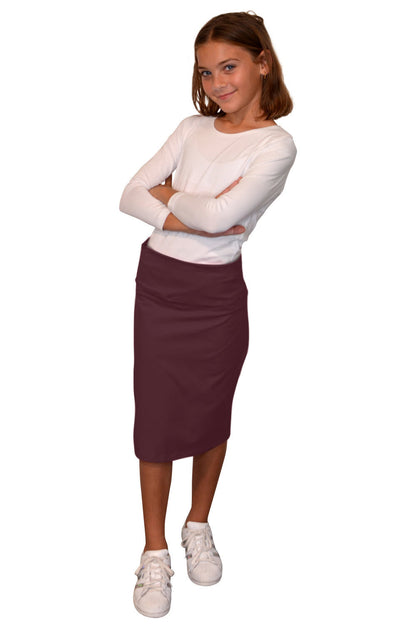Girls Stretch Knee Length Pencil Skirt in Cotton Spandex by Kosher Casual USA