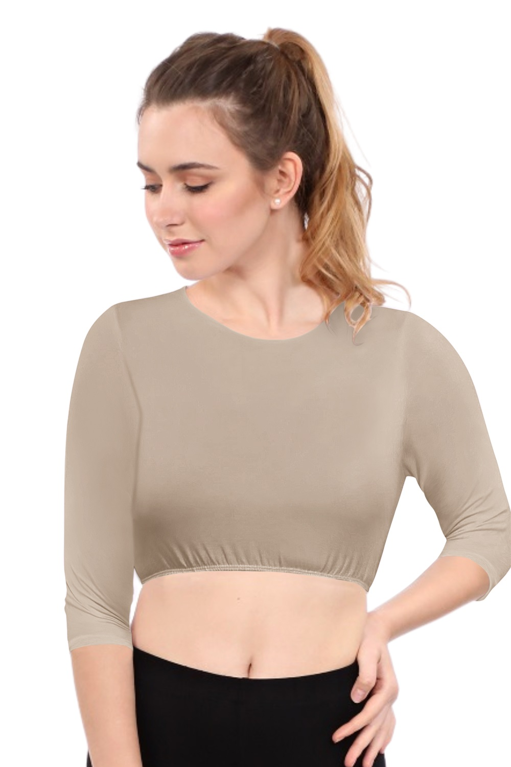 Modest Neck Cropped Layering - Cotton Spandex 3/4 Sleeve Shell Top by Kosher Casual USA