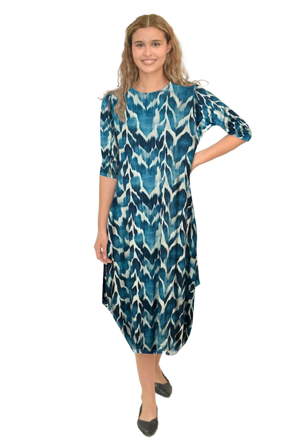 Flowing Midi Dress with 3/4 Sleeves and Dramatic Drape by Kosher Casual USA