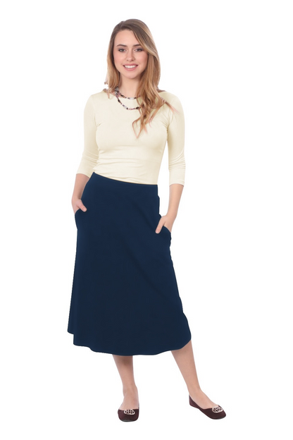The Perfect A-Line Midi Skirt with Pockets by Kosher Casual USA