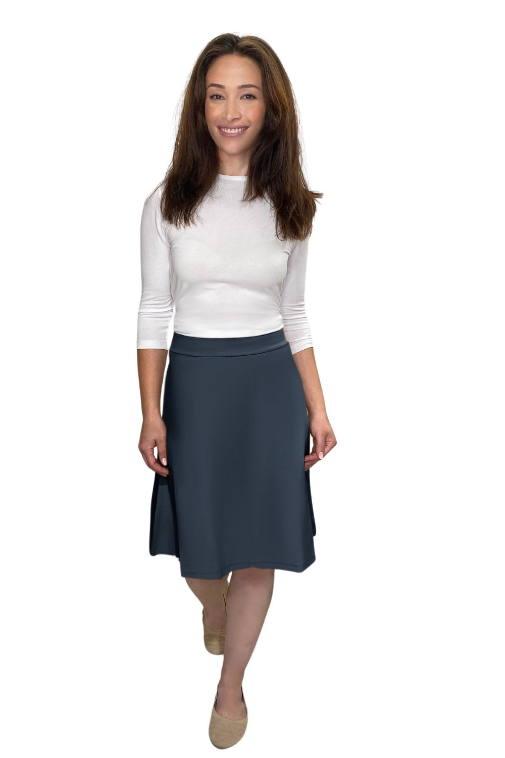 Classic A-Line Knee Length Cotton Stretch Skirt - Modest Everyday Comfort by Kosher Casual USA
