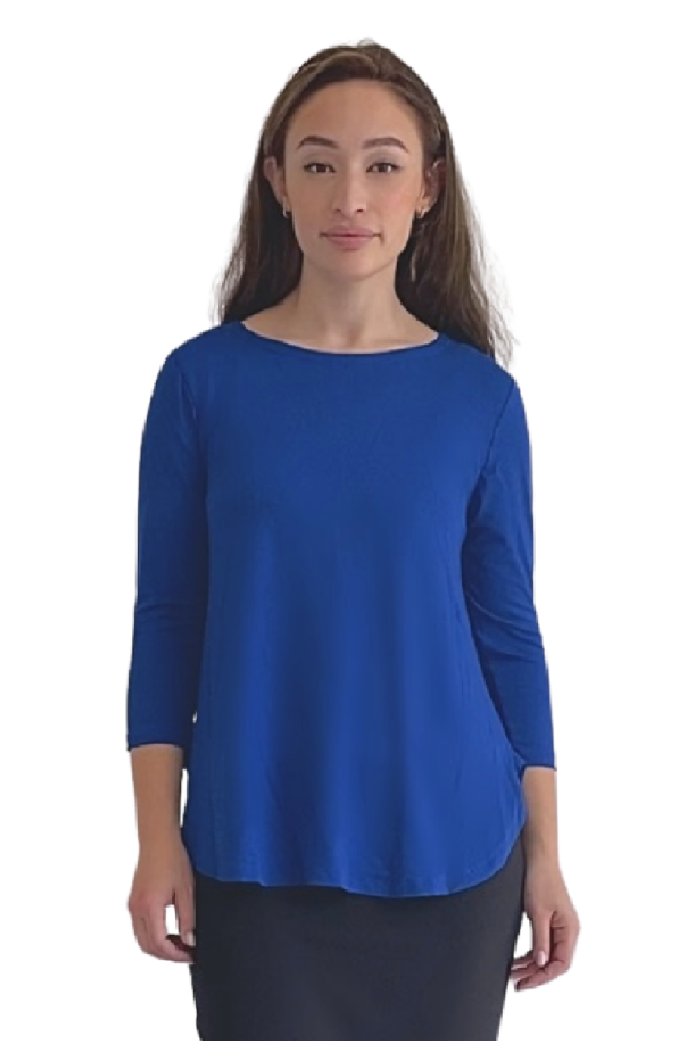 Curved Side Hem Tunic with 3/4 Sleeves and Modest Crew Neckline by Kosher Casual USA