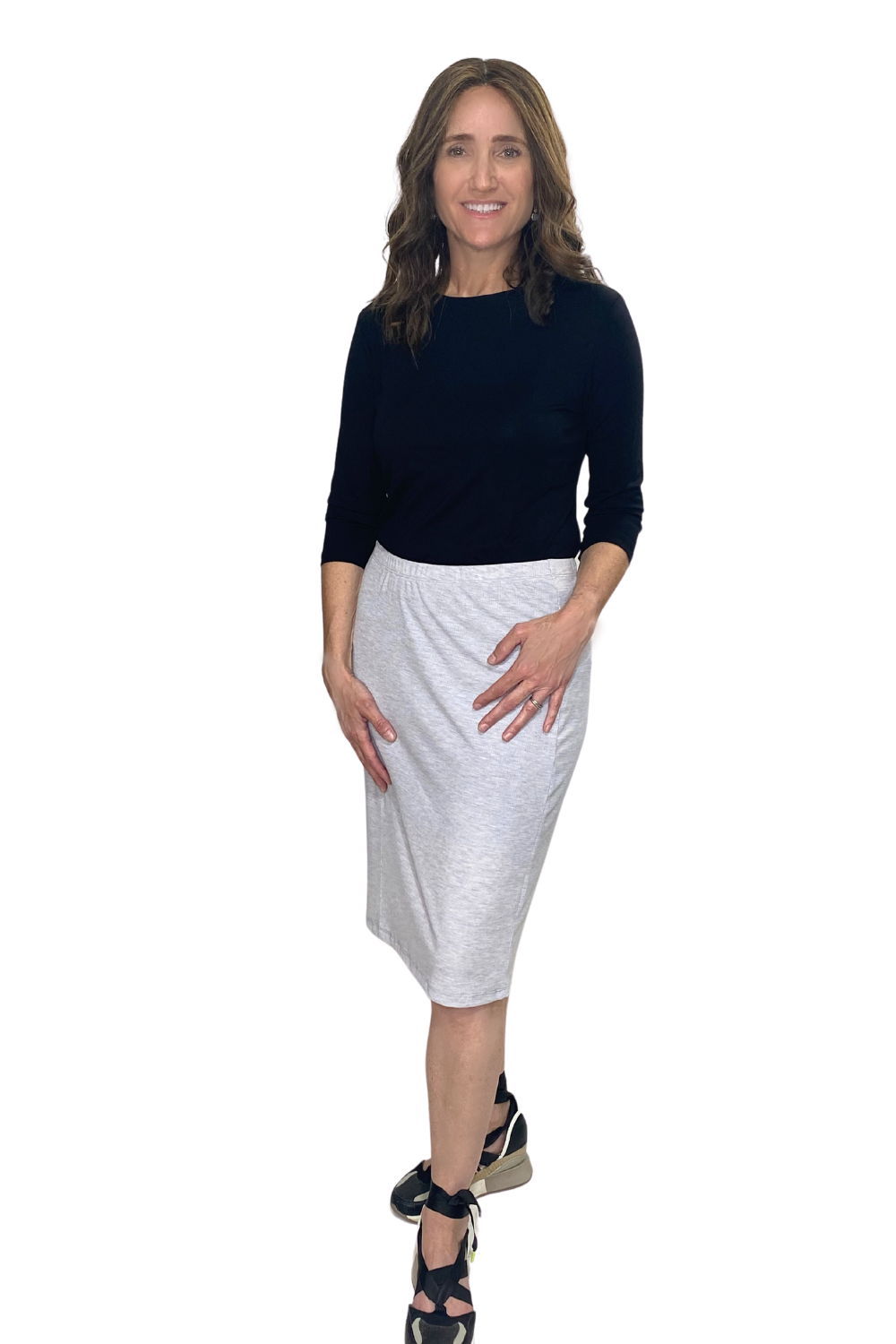 Super Soft Ribbed Knit- Knee Length Pencil Skirt by Kosher Casual USA