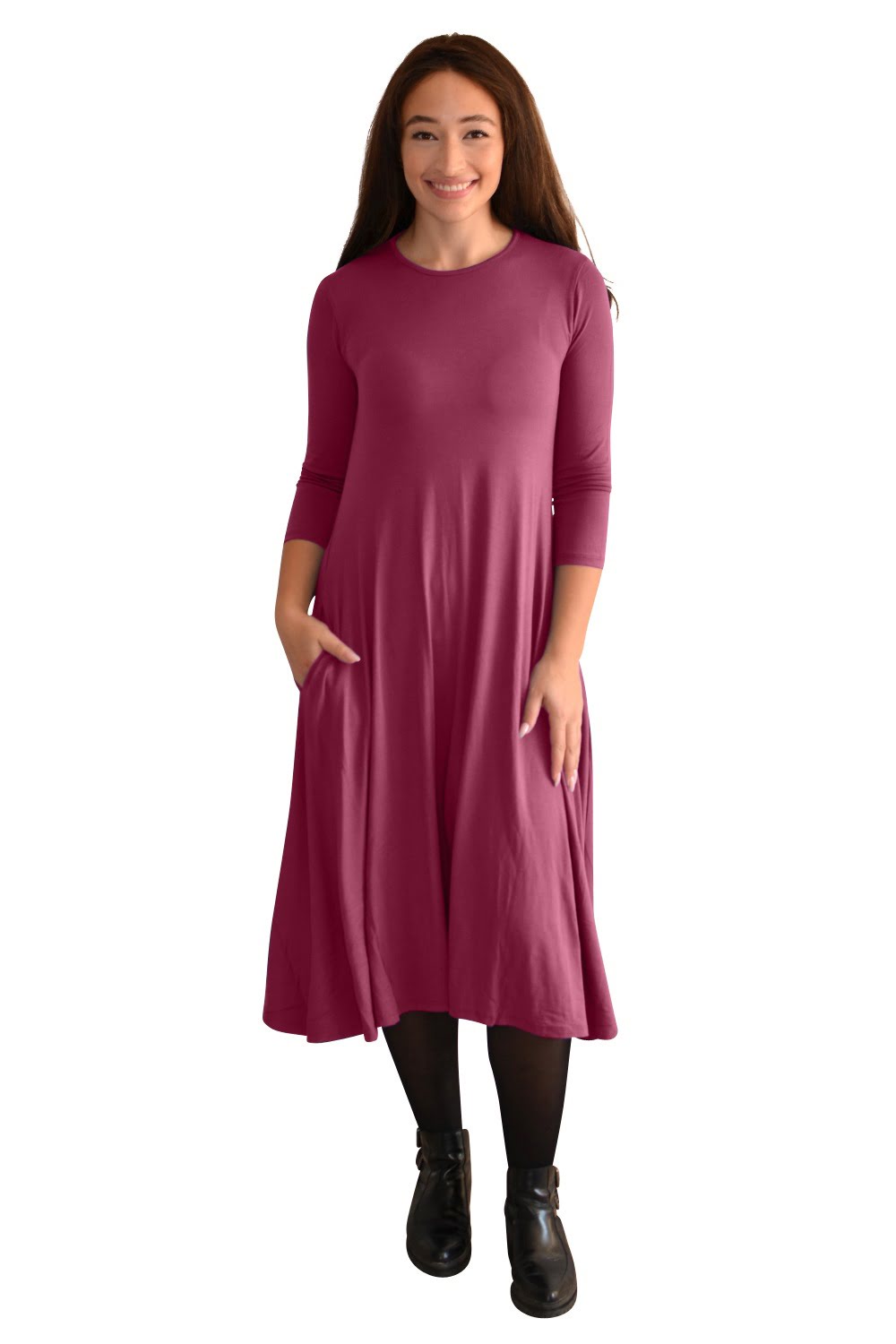 Mid-Calf 3/4 Sleeve Swing Dress with Pockets by Kosher Casual USA