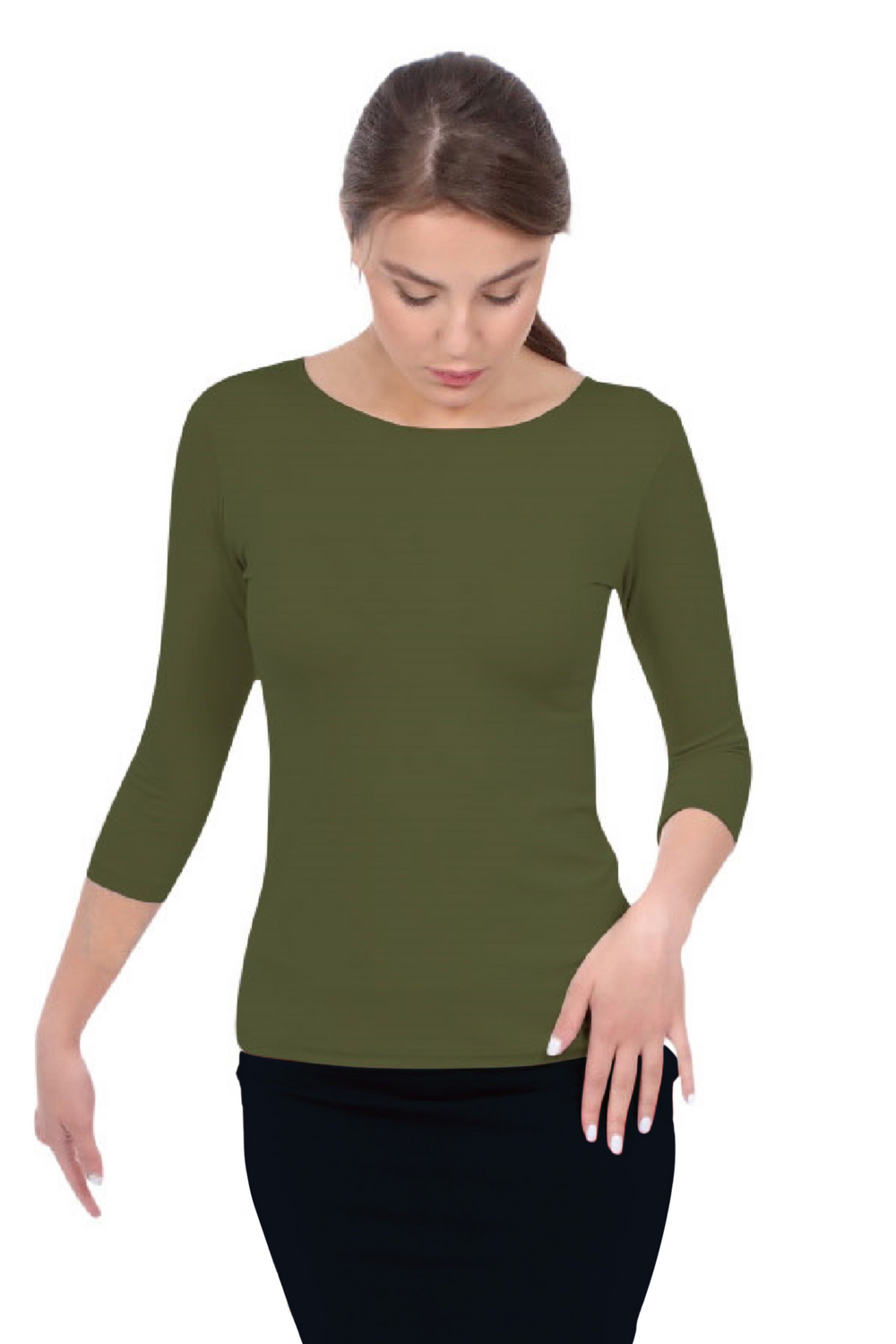 Fitted 3/4 Sleeve Layering Shell - High Round Neckline Slim-Fit Undershirt by Kosher Casual USA